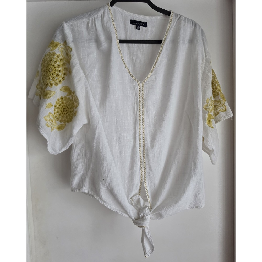 Max Edition Blouse M Floral Embroidery White Yellow Boho Cotton Top Breathable